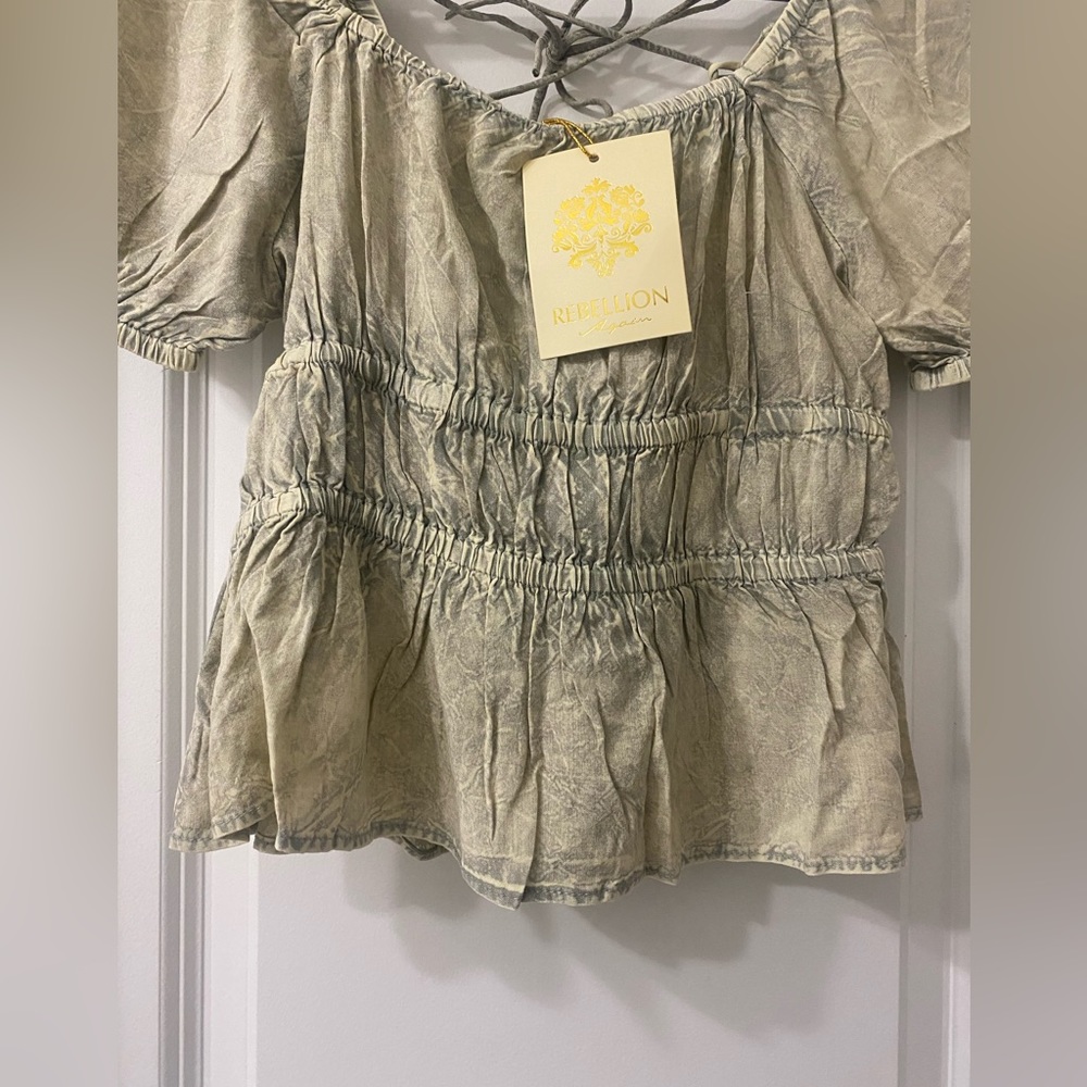 SOLD! Rebellion Again Criss-Cross Lace Up Backless Ruffle Hem Peplum Crop Top M - Picture 9 of 16